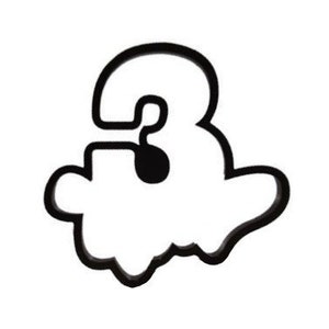 May include: Black number three cookie cutter. The number three is in a bold, rounded font with a cloud-like base. The cookie cutter is made of black plastic and is set against a white background.