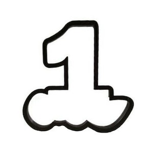 May include: Black number one cookie cutter with a cloud-like base. The number one is in a bold, sans-serif font. The cookie cutter is made of a dark material and is set against a white background.