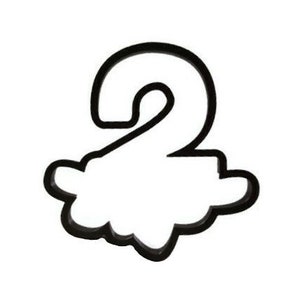May include: A black number two cookie cutter with a cloud-shaped base. The number two is in a bold, sans-serif font. The cookie cutter is made of a dark material and is set against a white background.