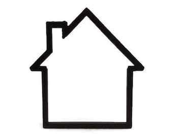 May include: A simple black outline of a house shape against a white background. The house has a rectangular base, a triangular roof, and a small chimney. The design is minimalist and clean.