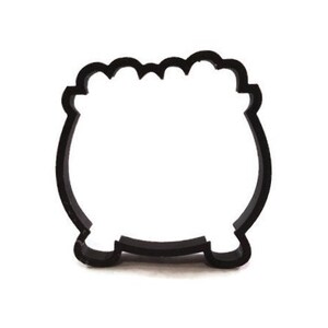 May include: Black cauldron-shaped cookie cutter with a scalloped rim and three small feet. The interior is empty, creating a negative space. Perfect for Halloween-themed baking.