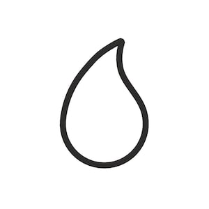 May include: A black outline of a water droplet shape on a white background. The droplet is a simple, minimalist design, with a rounded bottom and a pointed top. The image is a graphic illustration.