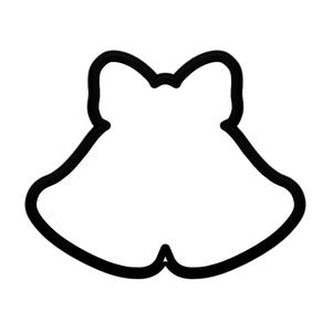 May include: Black outline of a bell-shaped cookie cutter with a bow at the top. The cookie cutter is a single piece, with a smooth, rounded design. The bow is centered and symmetrical, adding a decorative element to the bell shape.
