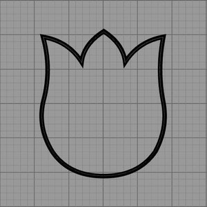 Puede incluir: Un contorno negro de una flor de tulip&aacute;n sobre un fondo de cuadr&iacute;cula gris. La forma del tulip&aacute;n es simple, con una base redondeada y tres p&eacute;talos puntiagudos en la parte superior. Las l&iacute;neas son gruesas y bien definidas.