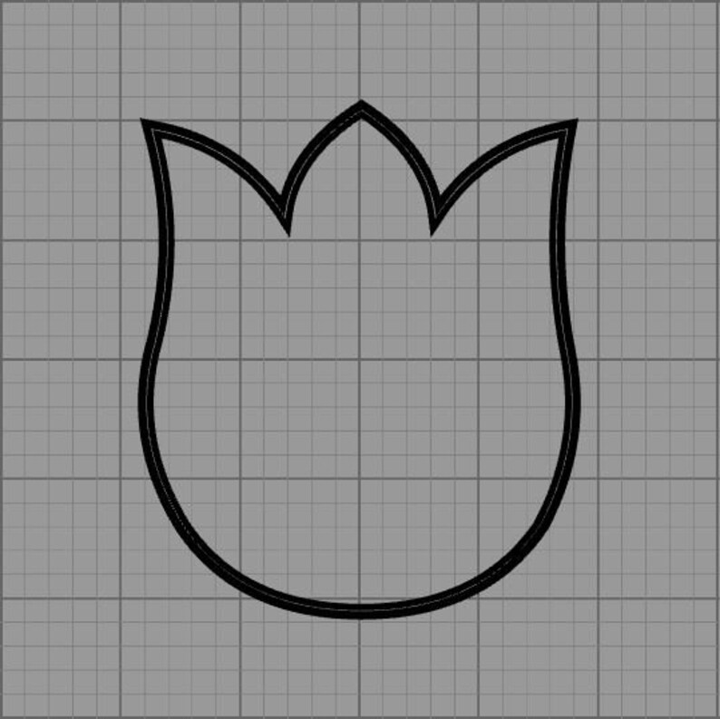 Puede incluir: Un contorno negro de una flor de tulip&aacute;n sobre un fondo de cuadr&iacute;cula gris. La forma del tulip&aacute;n es simple, con una base redondeada y tres p&eacute;talos puntiagudos en la parte superior. Las l&iacute;neas son gruesas y bien definidas.