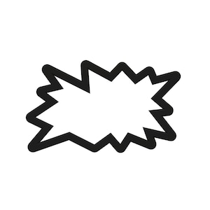 May include: A black and white speech bubble with a jagged outline. The interior is white, and the border is a thick, solid black. The shape is a stylized representation of an explosion or burst.