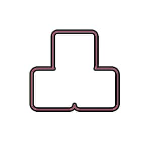 May include: A graphic illustration of a stylized shape with a black outline and a thin, pink inner border. The shape consists of two connected rectangular forms, one above the other, with a small indentation at the base of the lower rectangle.