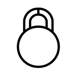 May include: A black and white line drawing of a kettlebell. The kettlebell has a round base with a handle at the top. The handle is arched and connected to the base. The image is a simple, minimalist design.