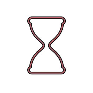 May include: An hourglass outline with a black border and a red interior. The hourglass shape is symmetrical, with a narrow waist connecting two wider, rounded sections. The design is simple and graphic, suitable for various applications.