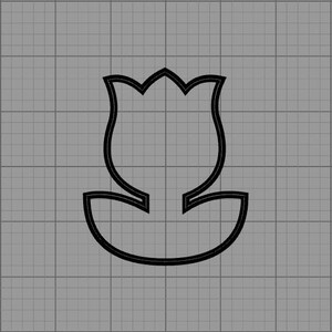 May include: A black outline of a tulip flower on a gray grid background. The tulip has a detailed, stylized design with a curved stem and a rounded base. The image is a simple, graphic representation of a floral element.