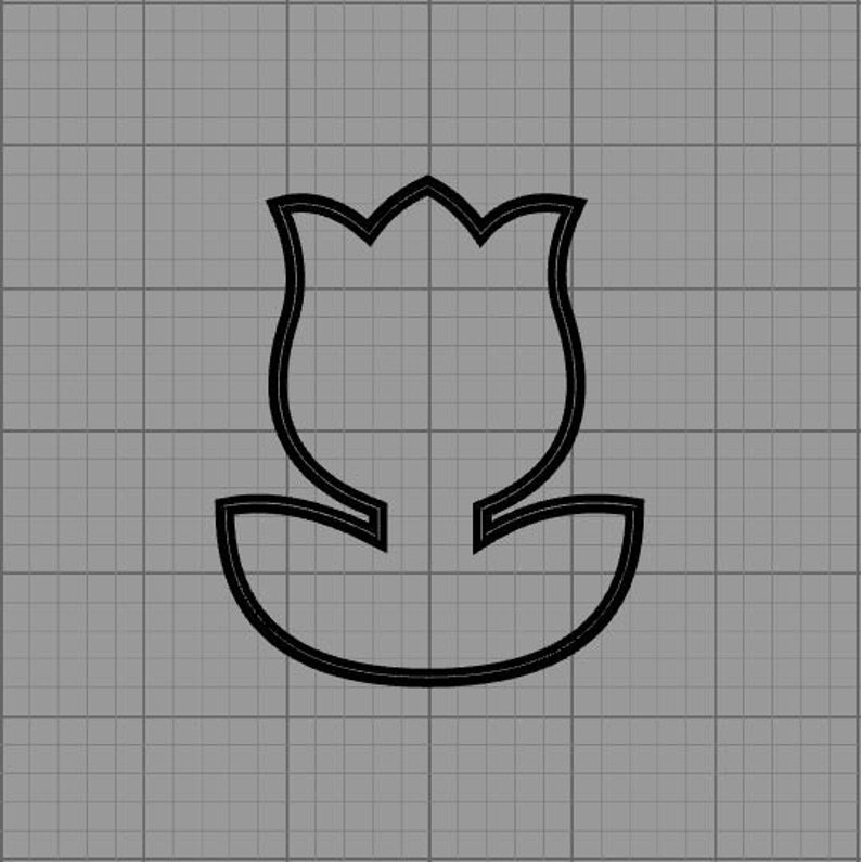 May include: A black outline of a tulip flower on a gray grid background. The tulip has a detailed, stylized design with a curved stem and a rounded base. The image is a simple, graphic representation of a floral element.