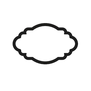 May include: A black, cloud-shaped frame with a scalloped edge. The frame is empty in the center, with a white background. The frame is a decorative element, suitable for various design projects.