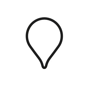 May include: A black outline of a teardrop-shaped location marker, set against a white background. The marker has a rounded top and tapers to a point at the bottom. The design is simple and clean, suitable for digital or print applications.