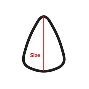 May include: A black, teardrop-shaped object with a red vertical line indicating size. The word "Size" is printed in red near the bottom of the object. The background is plain white.