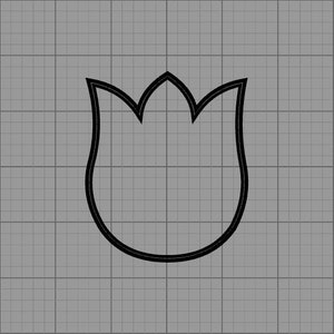 Puede incluir: Un contorno negro de una flor de tulip&aacute;n sobre un fondo de cuadr&iacute;cula gris. El dise&ntilde;o del tulip&aacute;n es simple, con una base redondeada y tres p&eacute;talos puntiagudos en la parte superior. La imagen es una ilustraci&oacute;n gr&aacute;fica.