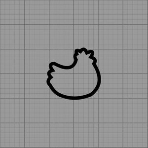 May include: A black outline of a chicken on a gray grid background. The chicken is facing left, with a rounded body and a detailed head with a comb. The image is simple and graphic.