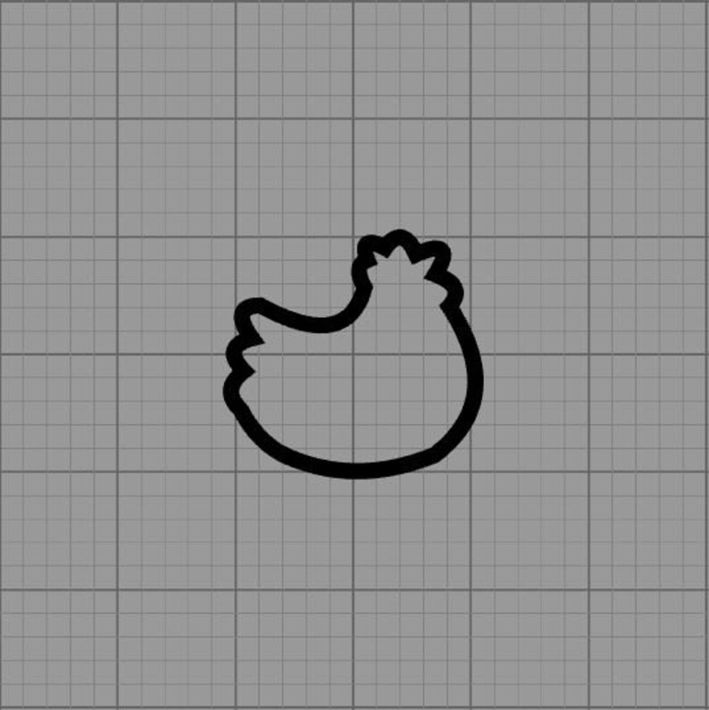 May include: A black outline of a chicken on a gray grid background. The chicken is facing left, with a rounded body and a detailed head with a comb. The image is simple and graphic.