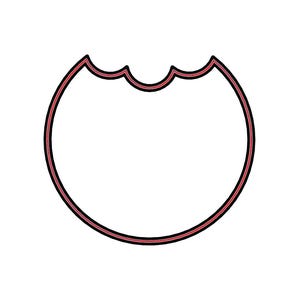 May include: A stylized graphic of a circle with a bite taken out of the top. The outline is black with a red and pink inner border. The background is white.