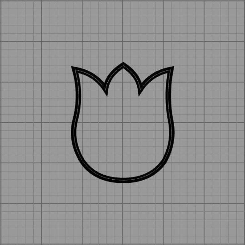 Puede incluir: Un contorno negro de una flor de tulip&aacute;n sobre un fondo de cuadr&iacute;cula gris. La forma del tulip&aacute;n es simple, con una base redondeada y tres p&eacute;talos puntiagudos en la parte superior. Las l&iacute;neas son gruesas y bien definidas.