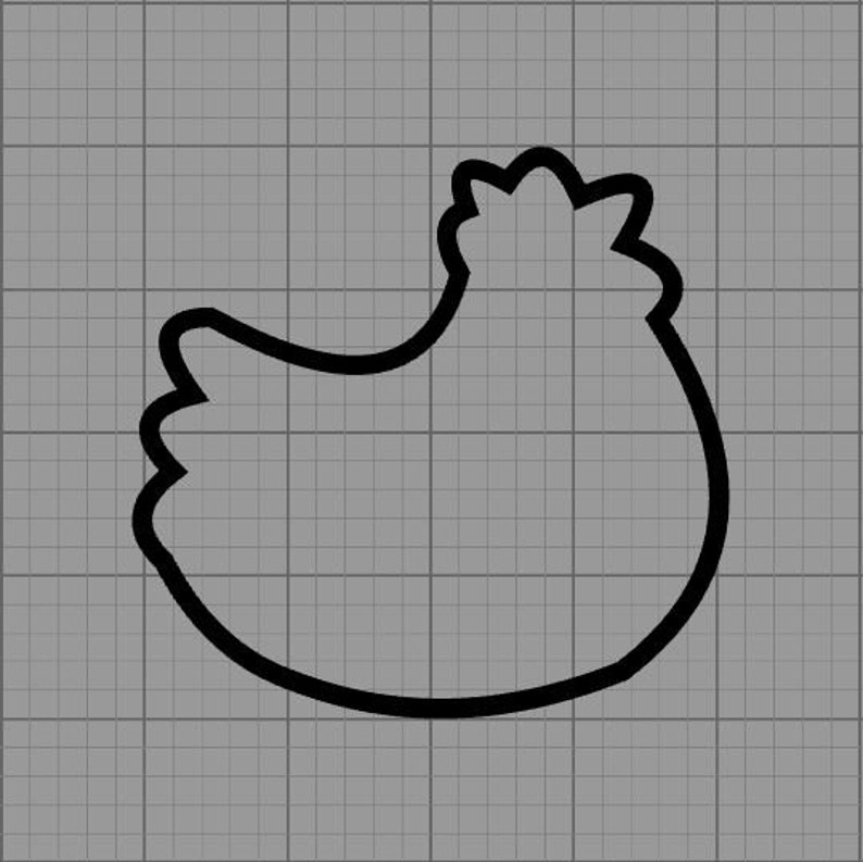 May include: A black outline of a chicken on a gray grid background. The chicken is facing left, with a rounded body, a small head crest, and a curved beak. The image is a simple, graphic illustration.
