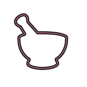 May include: A black and pink outline of a mortar and pestle, a classic symbol of pharmacy and herbalism. The mortar is a bowl-shaped vessel, and the pestle is a club-shaped tool used for grinding substances.