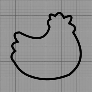 May include: A black outline of a hen on a gray grid background. The hen is facing left, with a rounded body, a small wing, and a detailed comb. The image is a simple, graphic illustration.