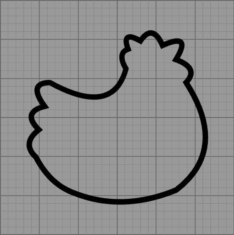 May include: A black outline of a hen on a gray grid background. The hen is facing left, with a rounded body, a small wing, and a detailed comb. The image is a simple, graphic illustration.
