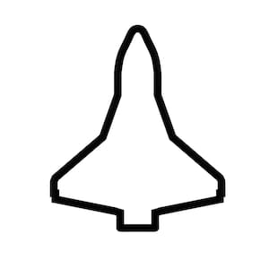 May include: A black and white outline of a space shuttle. The image shows the silhouette of a spacecraft with a pointed nose, angled wings, and a rectangular base, all against a white background.