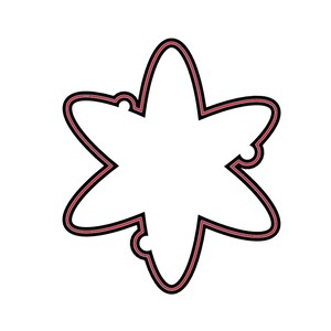 May include: A six-pointed star-shaped design with a white interior and a black and red outline. The design has small, rounded protrusions at the points of the star, set against a white background.