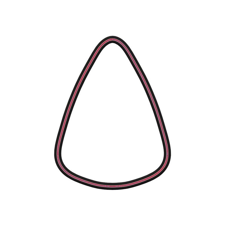 May include: A black, teardrop-shaped object with a thin red stripe and a white interior. The object has a smooth, rounded edge and a minimalist design, set against a plain white background.