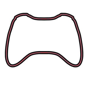 May include: A white outline of a video game controller. The controller outline has a black border with a red inner line. The design is a simple, minimalist representation of a gaming controller.