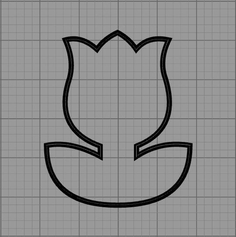 May include: A black outline of a tulip flower, featuring a detailed petal design and a curved base, set against a gray grid background. The image is a simple, graphic representation of a floral element.