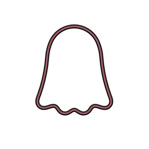 May include: A black and red outlined ghost shape on a white background. The ghost has a wavy bottom edge and a rounded top. The outline is black with a thin red stripe in the middle.