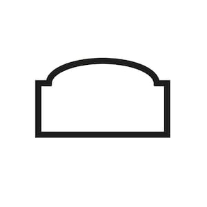May include: A black, rectangular sign with a curved top. The sign has a thick black border and a white interior. The design is simple and clean, suitable for various applications.