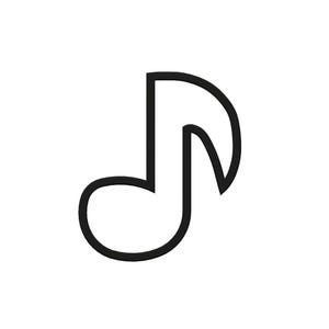May include: A black musical eighth note symbol on a white background. The note has a rounded head and a curved stem with a flag, representing a half-beat in musical notation. The design is simple and graphic.