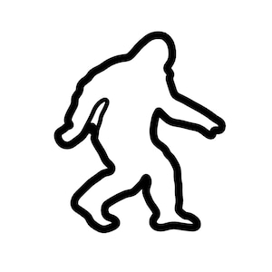 May include: A black and white outline of a Bigfoot figure walking. The silhouette depicts the creature with a large body, long arms, and large feet, set against a white background. The image is a simple, graphic representation of the legendary cryptid.