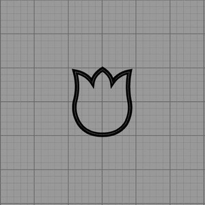 Puede incluir: Un contorno negro de una flor de tulip&aacute;n sobre un fondo de cuadr&iacute;cula gris. La forma del tulip&aacute;n es simple y estilizada, con una base redondeada y tres p&eacute;talos puntiagudos en la parte superior. Las l&iacute;neas son gruesas y bien definidas.