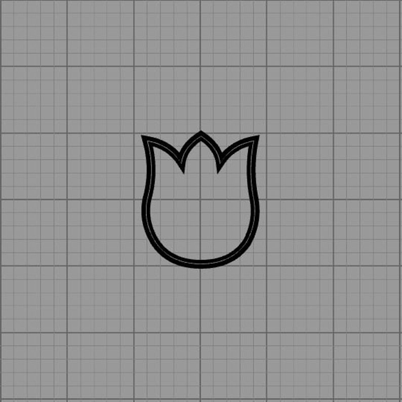 Puede incluir: Un contorno negro de una flor de tulip&aacute;n sobre un fondo de cuadr&iacute;cula gris. La forma del tulip&aacute;n es simple y estilizada, con una base redondeada y tres p&eacute;talos puntiagudos en la parte superior. Las l&iacute;neas son gruesas y bien definidas.