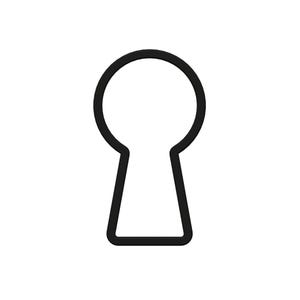 May include: A black keyhole outline against a white background. The keyhole shape has a circular top and a rectangular bottom, with a narrow neck connecting the two.