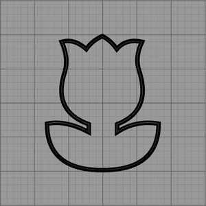May include: A black outline of a tulip flower on a gray grid background. The tulip is depicted with a detailed outline, showing the petals and the base of the flower. The design is simple and graphic.