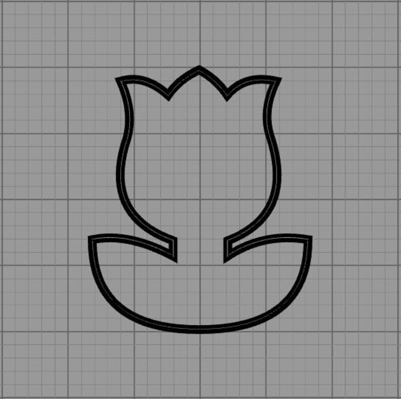 May include: A black outline of a tulip flower on a gray grid background. The tulip is depicted with a detailed outline, showing the petals and the base of the flower. The design is simple and graphic.