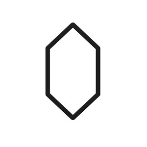 May include: A black outline of a symmetrical, elongated hexagon shape on a white background. The geometric design features a thick, solid border, creating a clean and modern aesthetic. The shape is empty inside.