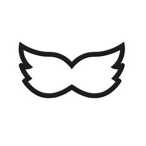 May include: A black outline of a masquerade mask with a wing-like design. The mask has a curved top and bottom, with a pointed shape on each side, and a white background.