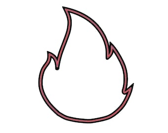 May include: A stylized flame icon with a black outline and a red inner border. The flame shape is open in the center and appears to be a graphic or design element, suitable for various applications.