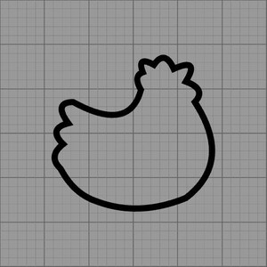 May include: A black outline of a chicken on a gray grid background. The chicken is in a side profile, with a rounded body, a small head crest, and a curved beak. The image is a simple, graphic illustration.