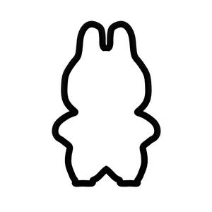 May include: A black outline of a bunny-shaped cookie cutter. The cutter has a simple design with two upright ears, a rounded body, and small feet. The cookie cutter is designed to cut out bunny-shaped cookies.