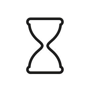 May include: A black outline of an hourglass on a white background. The hourglass shape is symmetrical, with rounded top and bottom sections connected by a narrower central section. The design is simple and minimalist.