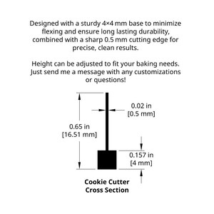May include: Diagram of a cookie cutter cross section. The base is 4x4 mm, with a 0.5 mm cutting edge. The height is 0.65 inches (16.51 mm), and the cutting edge is 0.157 inches (4 mm).