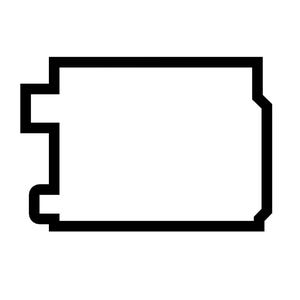 May include: A black outline of a rectangular shape with a unique design. The shape has a series of right angles and curves along its edges, creating an abstract, geometric form against a white background.