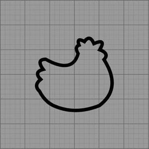 May include: Black outline of a chicken on a gray grid background. The chicken is facing left, with a rounded body, a small head crest, and a curved beak. The image is a simple, graphic representation of a farm animal.